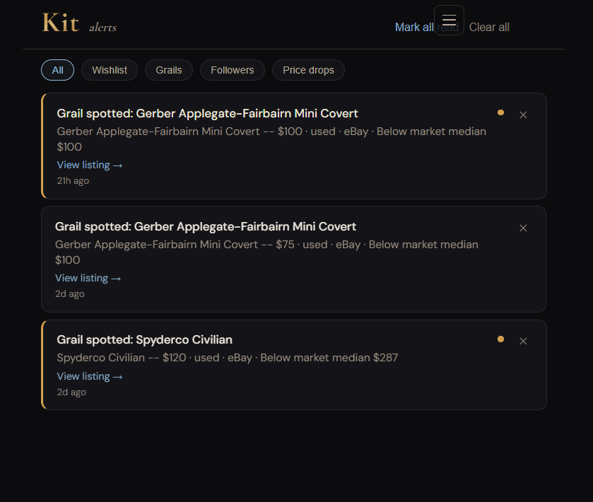 Kit alerts feed showing Grail spotted notifications for a Gerber Applegate-Fairbairn and a Spyderco Civilian